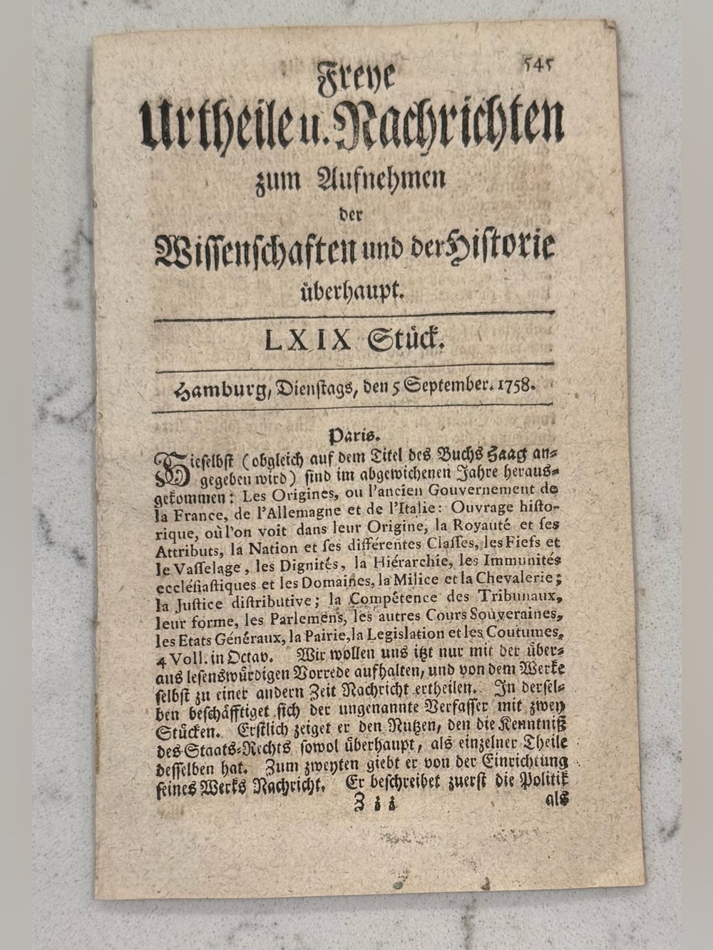 RARE Ephemera German Periodical From 1758